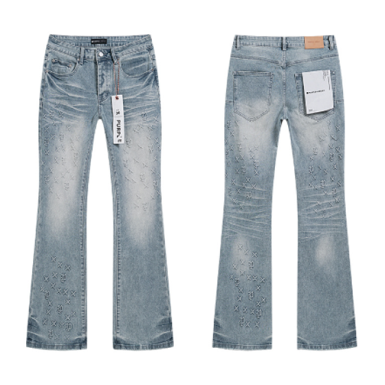 Light Blue Washed Flared Denim Jeans with "PURPLE" Monogram Rhinestone Pattern